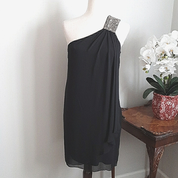 Calvin Klein Dresses & Skirts - CALVIN KLEIN Chiffon One Shoulder Black Dress with Gathers and Bugle Beads
